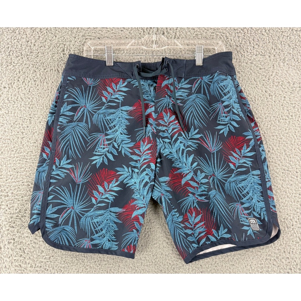 TravisMathew Board Shorts Mens 33 Navy Blue Red Palm Leaf Tropical Stretch Swim